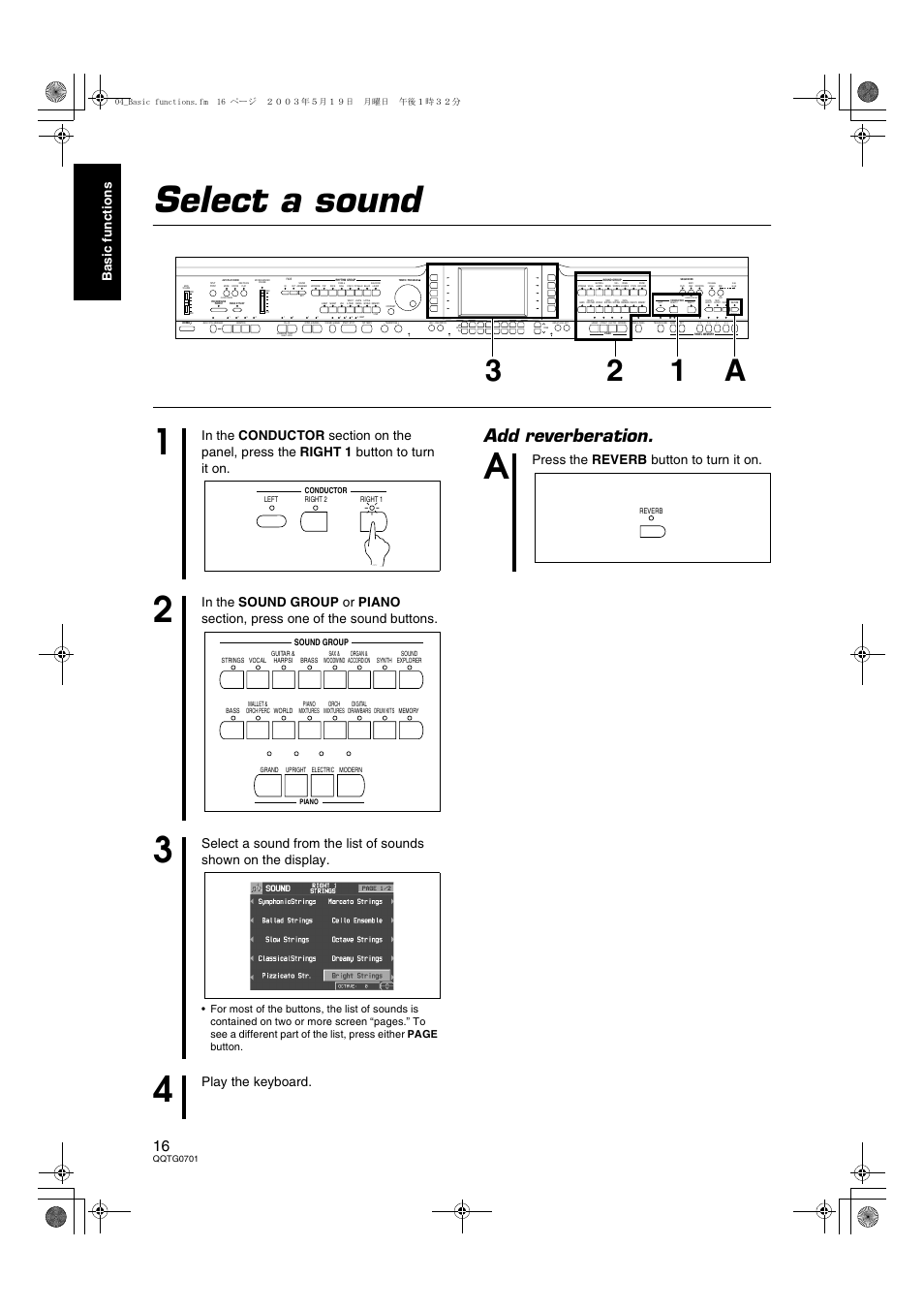 Select a sound, 32 1 a, Add reverberation | Ba si c fun c ti on s, Play the keyboard, Press the reverb button to turn it on | Technics SX-PR54/M User Manual | Page 16 / 144