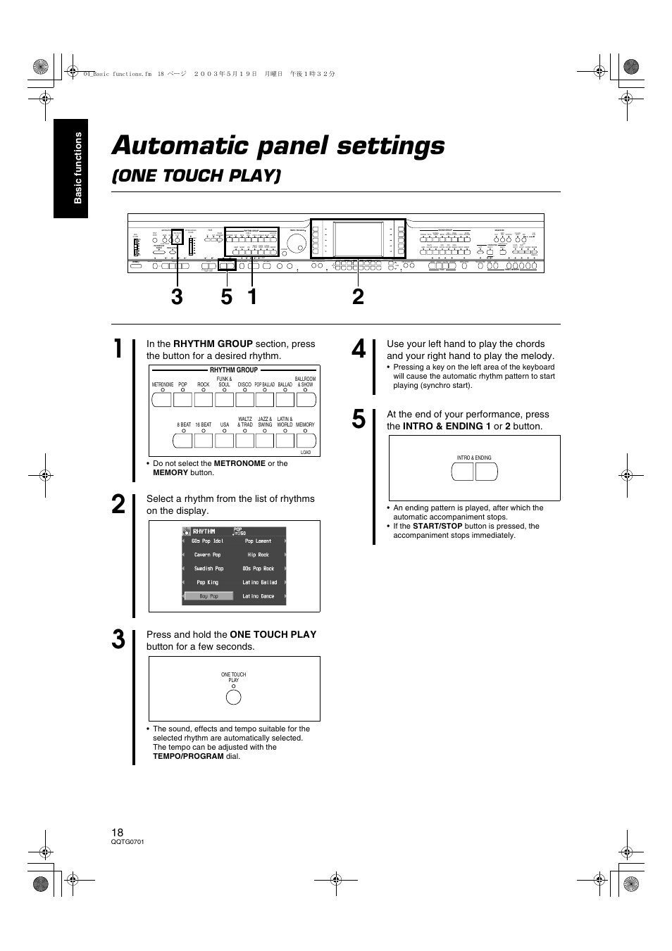 Automatic panel settings (one touch play), Automatic panel settings, One touch play) | Ba si c fun c ti on s | Technics SX-PR54/M User Manual | Page 18 / 144