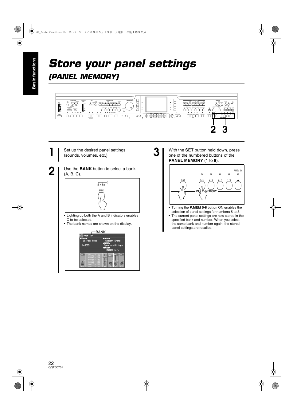 Store your panel settings (panel memory), Store your panel settings, Ba si c fun c ti on s | Use the bank button to select a bank (a, b, c), Bank, Qqtg0701 | Technics SX-PR54/M User Manual | Page 22 / 144