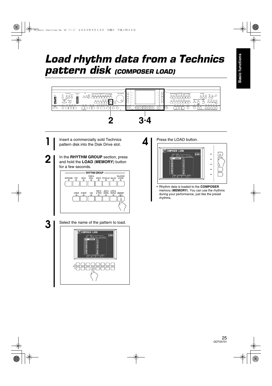 Load rhythm data from a technics pattern disk, Composer load), Ba si c fun c ti on s | Select the name of the pattern to load, Press the load button, Qqtg0701, Rhythm group | Technics SX-PR54/M User Manual | Page 25 / 144
