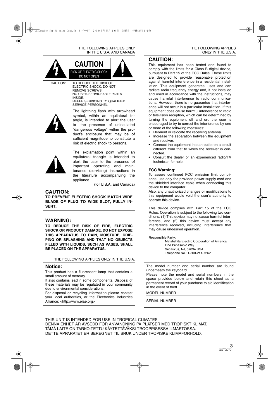 Caution | Technics SX-PR54/M User Manual | Page 3 / 144