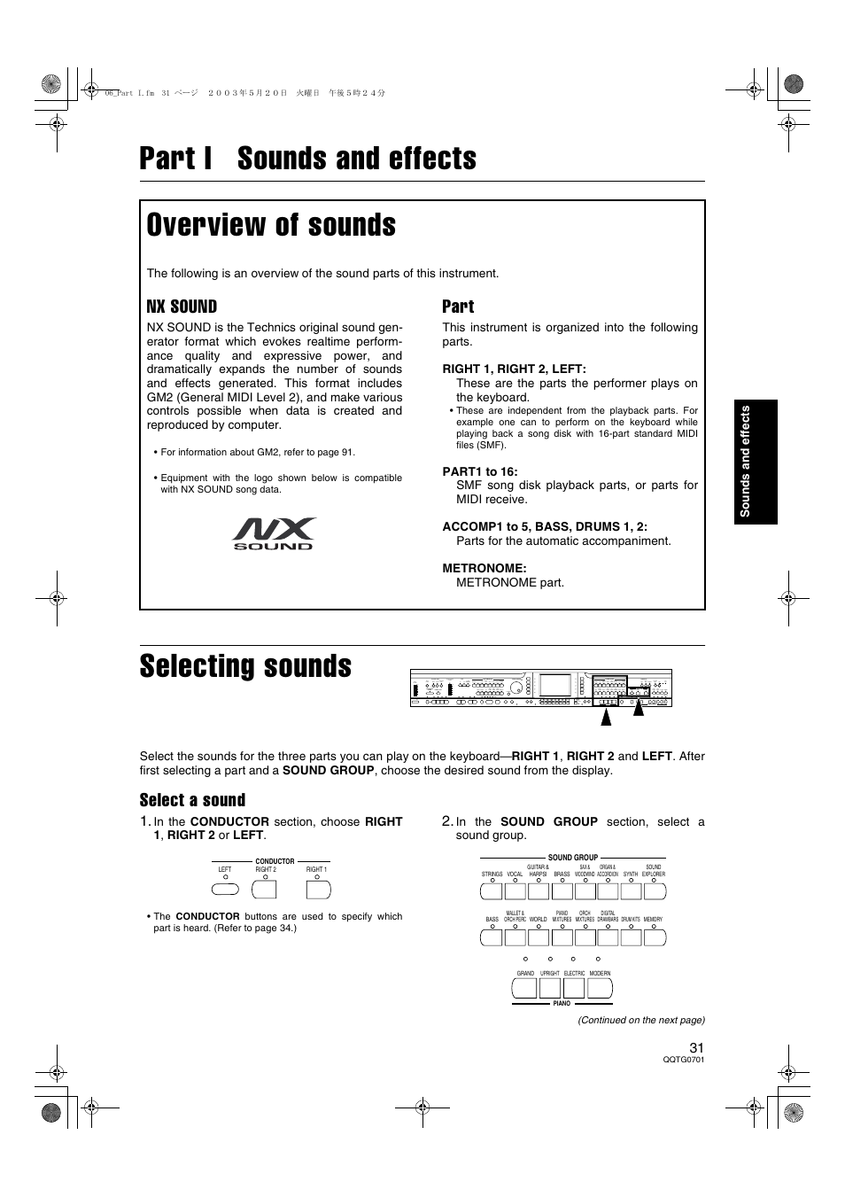 Part i sounds and effects, Part i sounds and effects selecting sounds, Overview of sounds | Select a sound, Nx sound, Part | Technics SX-PR54/M User Manual | Page 31 / 144