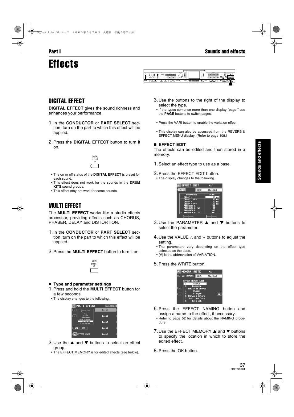 Effects, Digital effect, Multi effect | Part i sounds and effects | Technics SX-PR54/M User Manual | Page 37 / 144