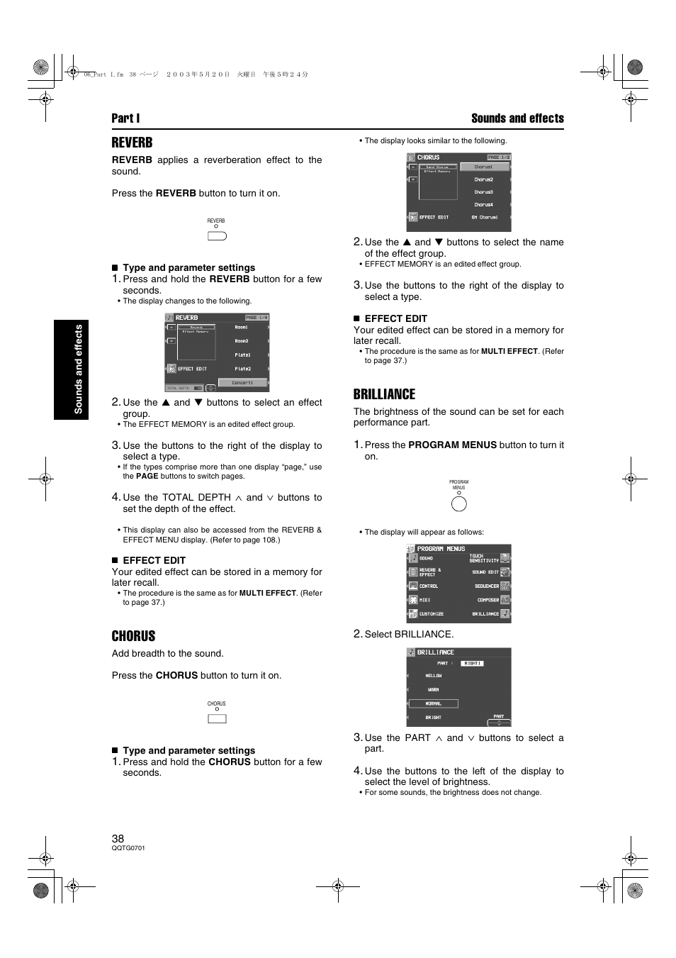 Reverb, Chorus, Brilliance | Part i sounds and effects | Technics SX-PR54/M User Manual | Page 38 / 144