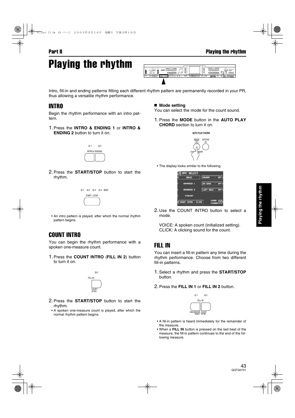 Playing the rhythm, Intro, Count intro | Fill in, Part ii playing the rhythm | Technics SX-PR54/M User Manual | Page 43 / 144