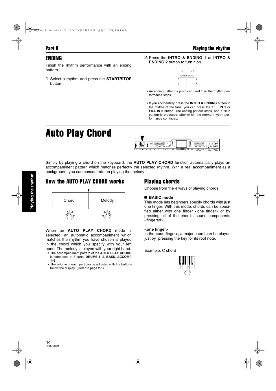 Auto play chord, Ending, How the auto play chord works | Playing chords, Part ii playing the rhythm | Technics SX-PR54/M User Manual | Page 44 / 144