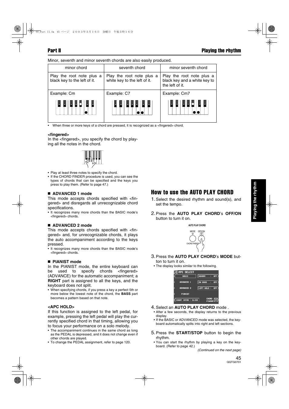 How to use the auto play chord, Part ii playing the rhythm | Technics SX-PR54/M User Manual | Page 45 / 144