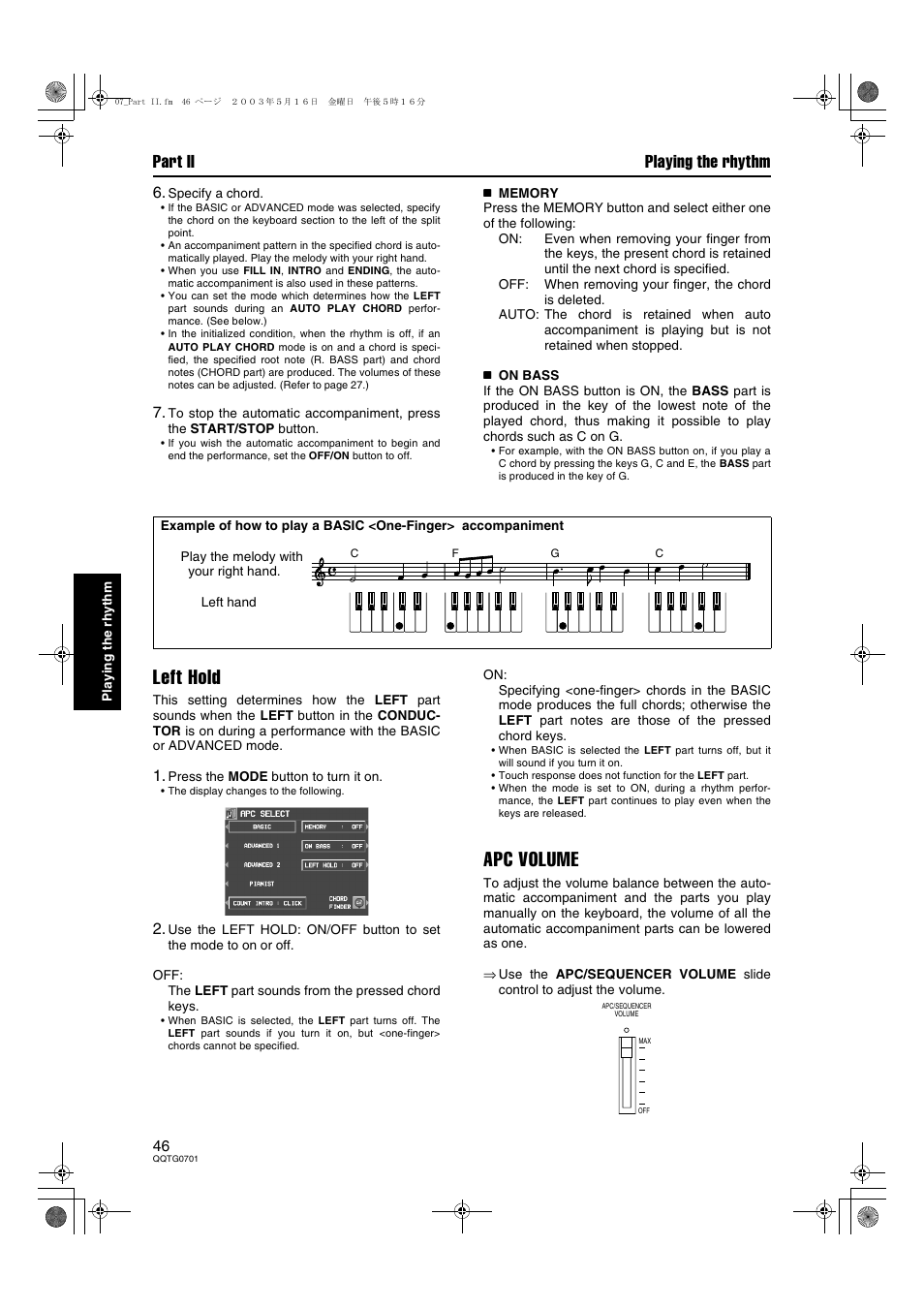 Left hold, Apc volume, Part ii playing the rhythm | Technics SX-PR54/M User Manual | Page 46 / 144