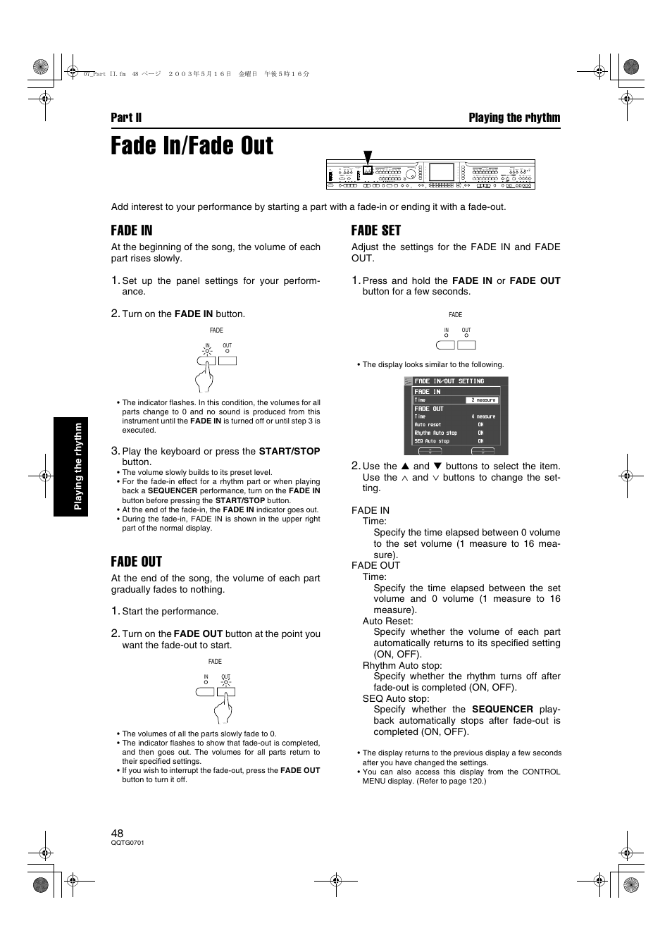 Fade in/fade out, Fade in, Fade out | Fade set, Part ii playing the rhythm | Technics SX-PR54/M User Manual | Page 48 / 144