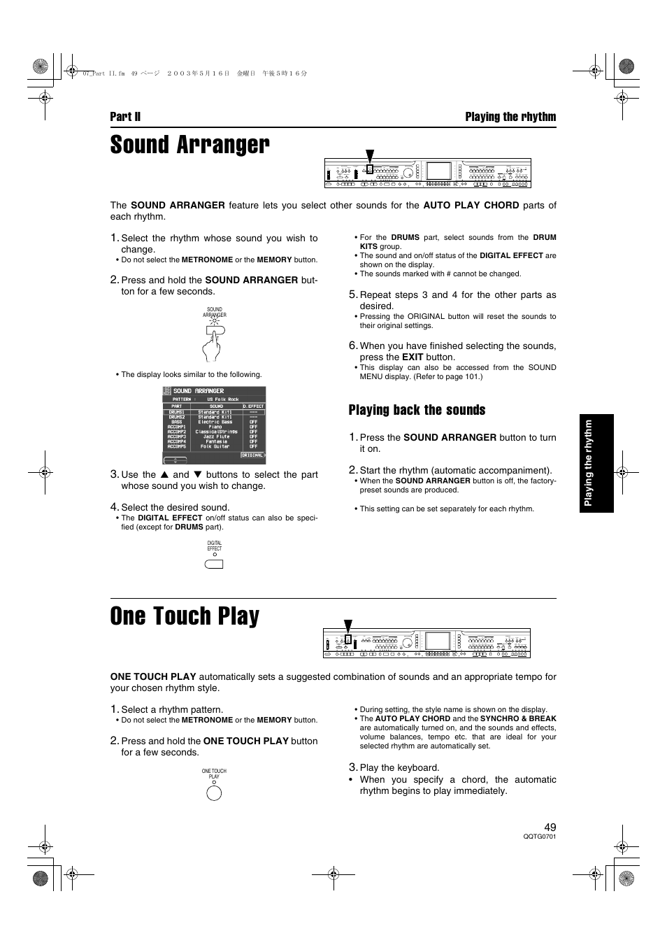 Sound arranger, One touch play, Playing back the sounds | Part ii playing the rhythm | Technics SX-PR54/M User Manual | Page 49 / 144