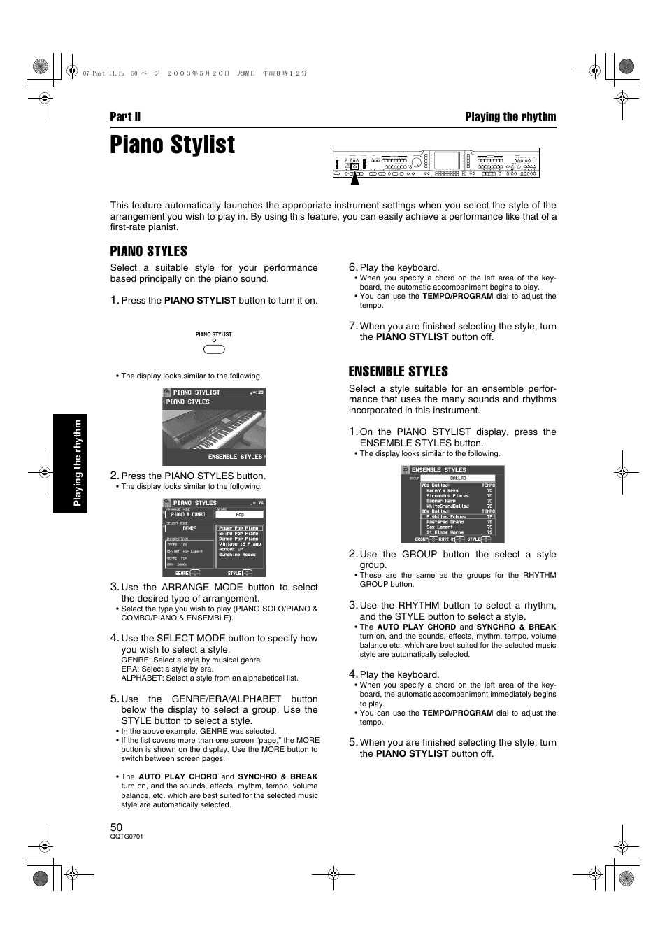 Piano stylist, Piano styles, Ensemble styles | Part ii playing the rhythm | Technics SX-PR54/M User Manual | Page 50 / 144