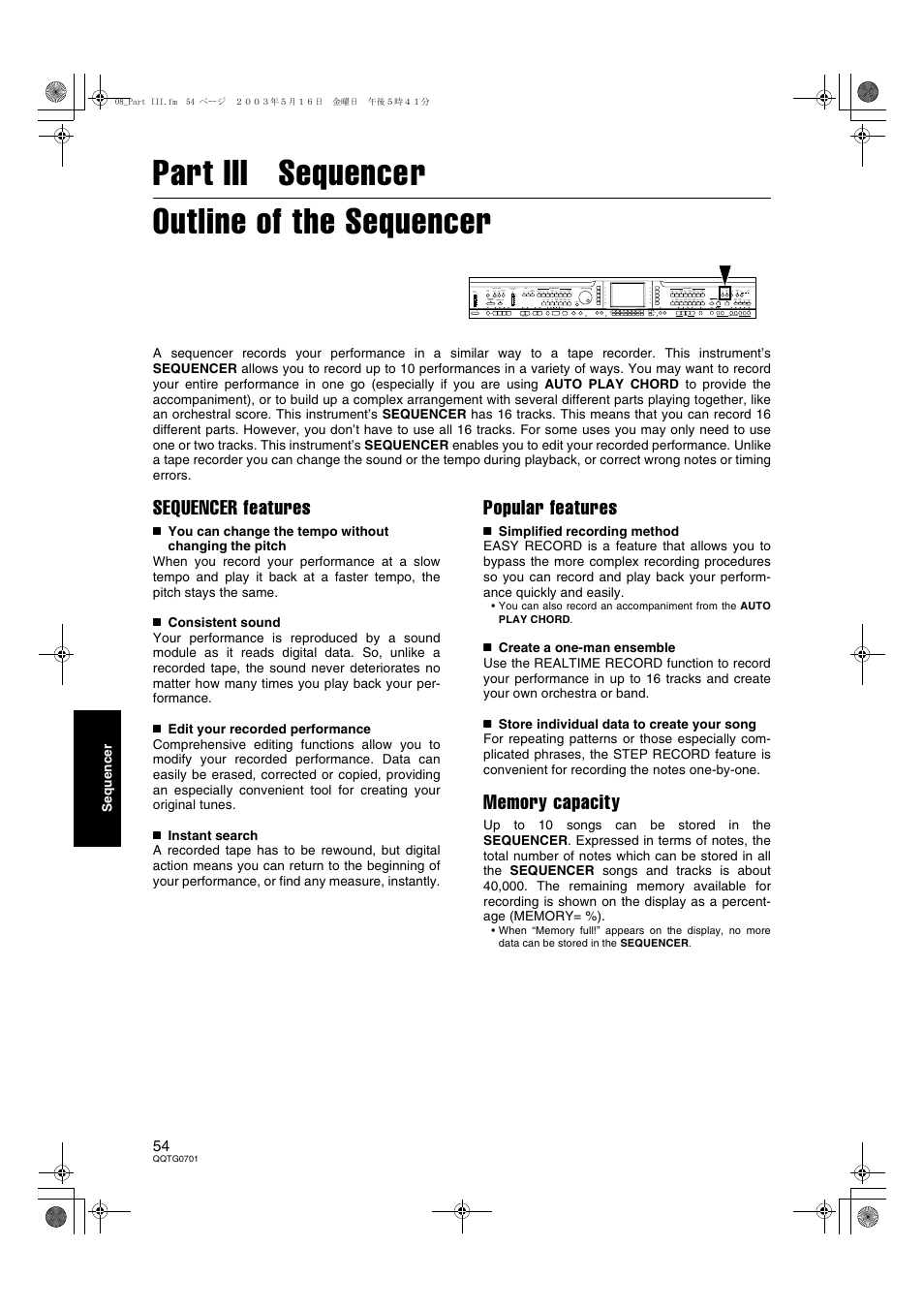 Part iii sequencer, Part iii sequencer outline of the sequencer, Sequencer features | Popular features | Technics SX-PR54/M User Manual | Page 54 / 144