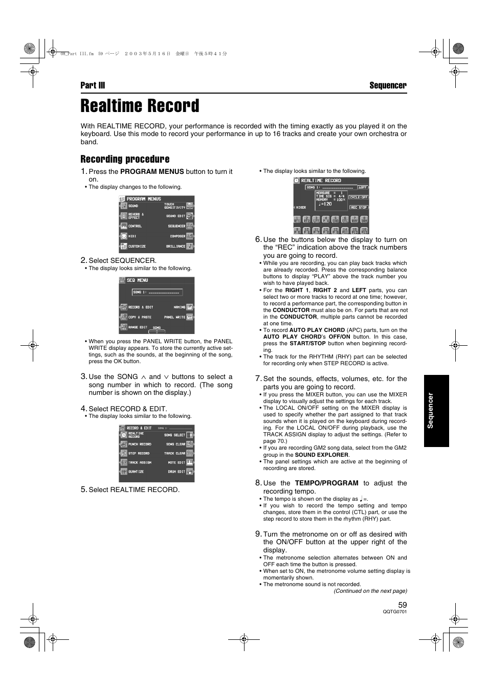 Realtime record, Recording procedure, Part iii sequencer | Technics SX-PR54/M User Manual | Page 59 / 144