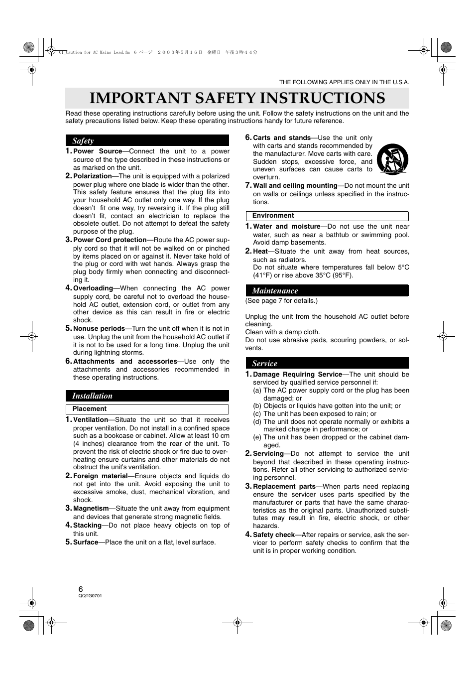 Important safety instructions | Technics SX-PR54/M User Manual | Page 6 / 144