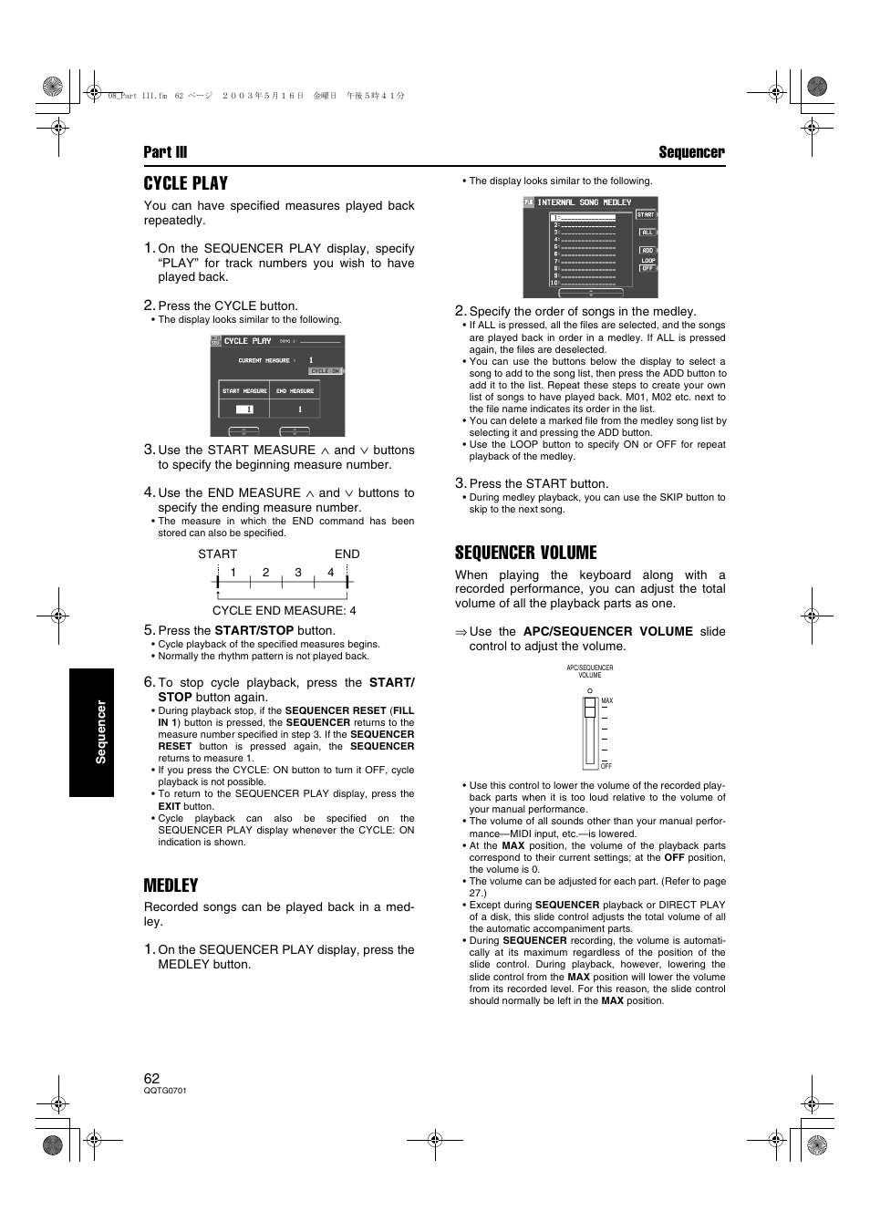 Cycle play, Medley, Sequencer volume | Part iii sequencer | Technics SX-PR54/M User Manual | Page 62 / 144