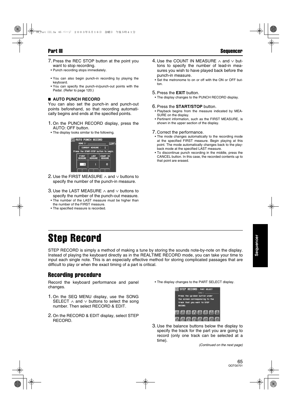 Step record, Recording procedure, Part iii sequencer | Technics SX-PR54/M User Manual | Page 65 / 144