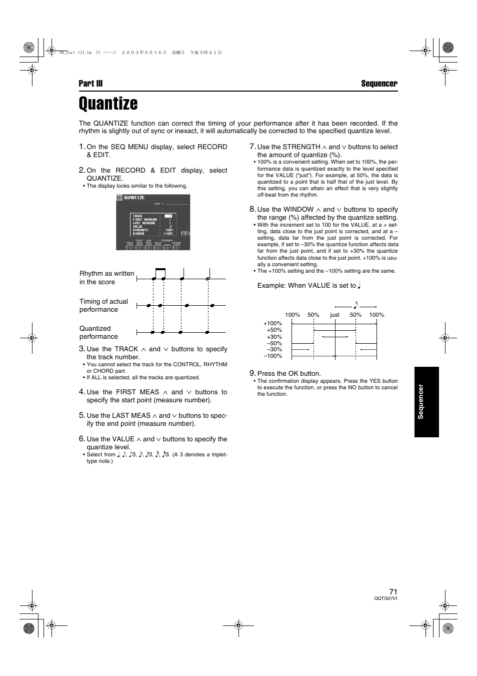 Quantize, Part iii sequencer | Technics SX-PR54/M User Manual | Page 71 / 144