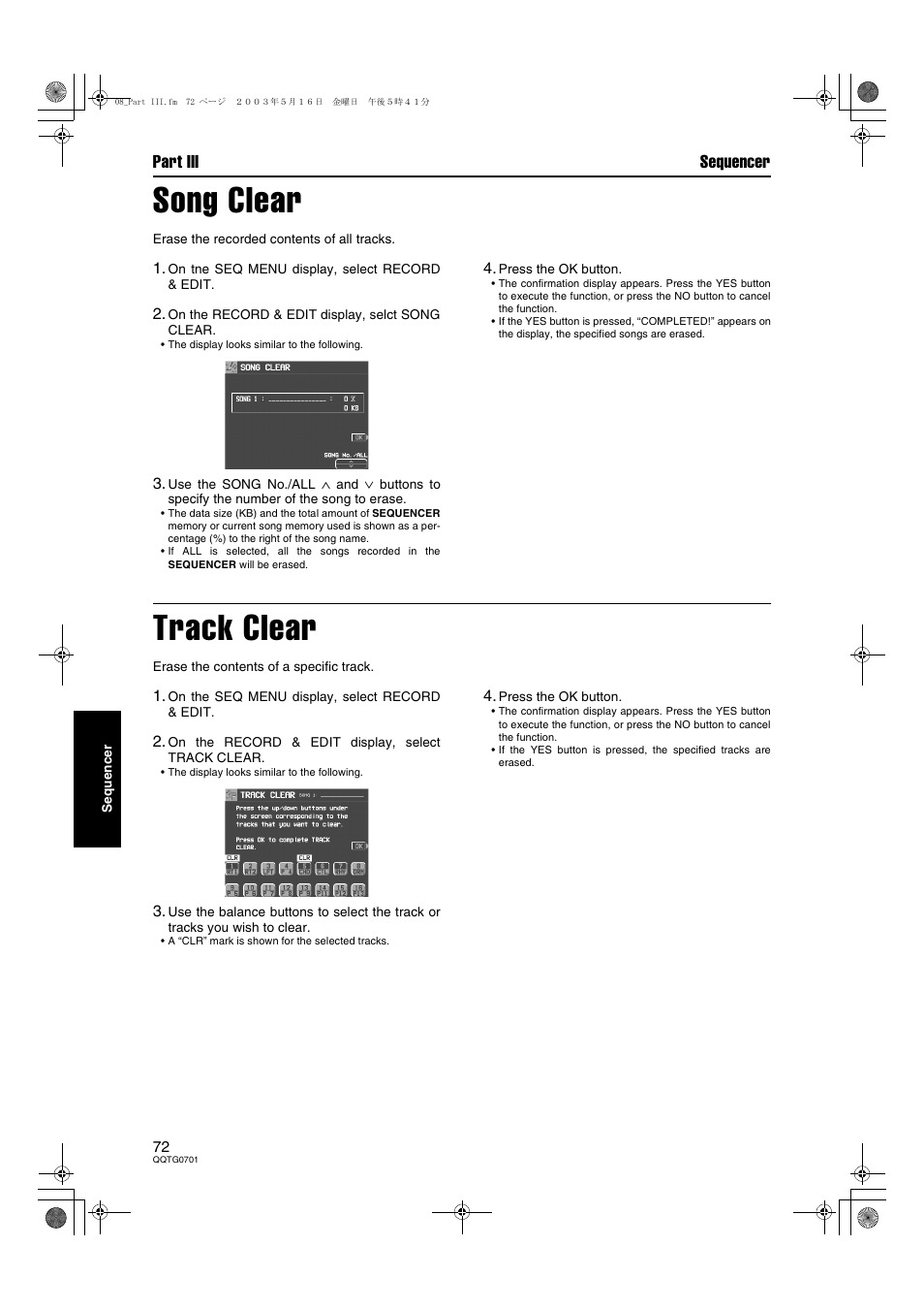 Song clear, Track clear, Part iii sequencer | Technics SX-PR54/M User Manual | Page 72 / 144