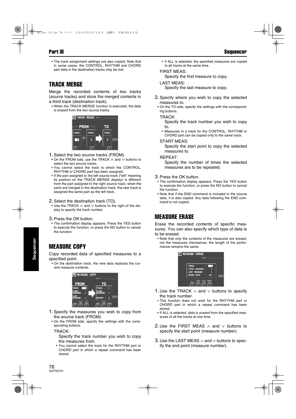 Track merge, Measure copy, Measure erase | Part iii sequencer | Technics SX-PR54/M User Manual | Page 76 / 144