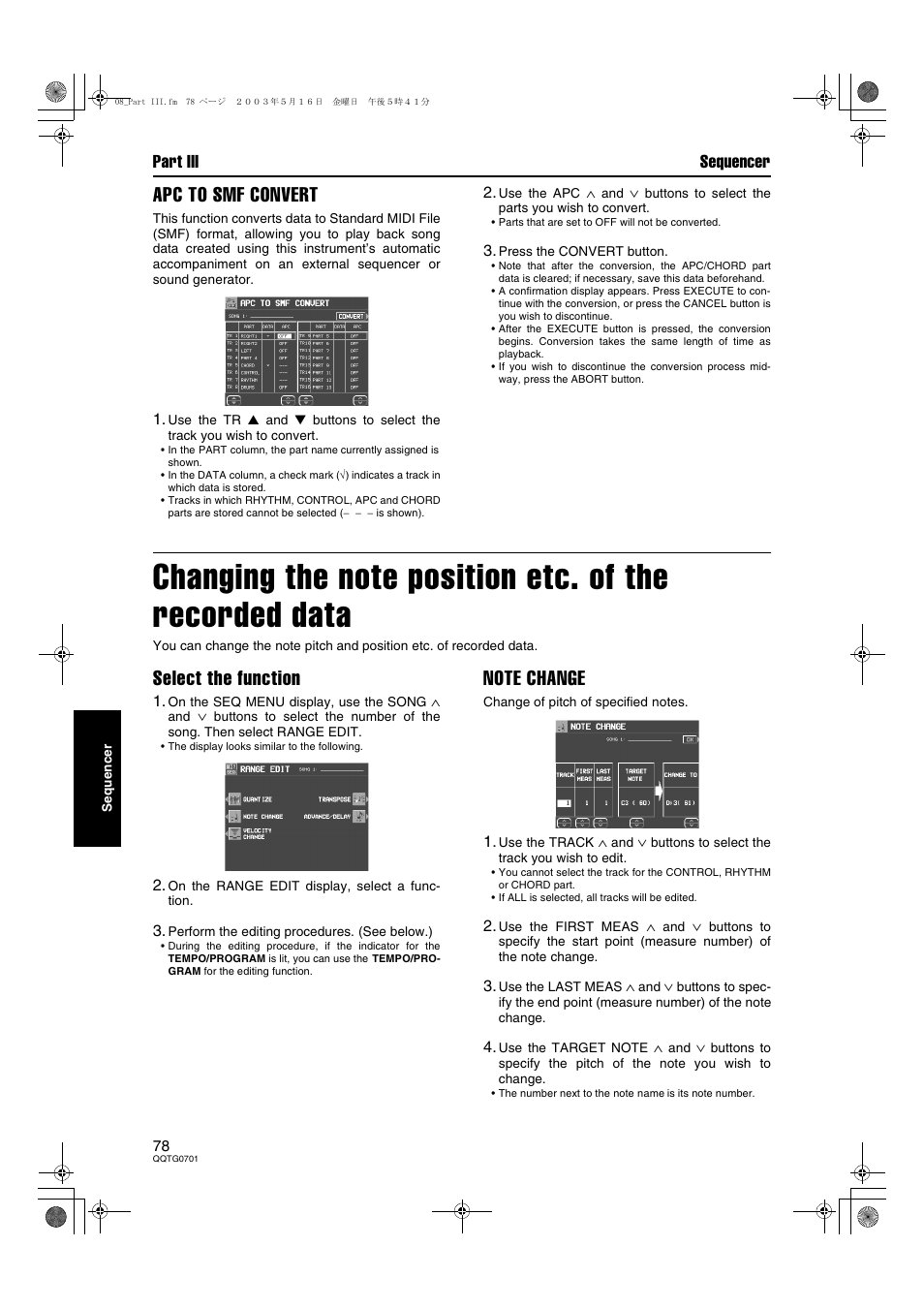 Apc to smf convert, Select the function, Part iii sequencer | Technics SX-PR54/M User Manual | Page 78 / 144