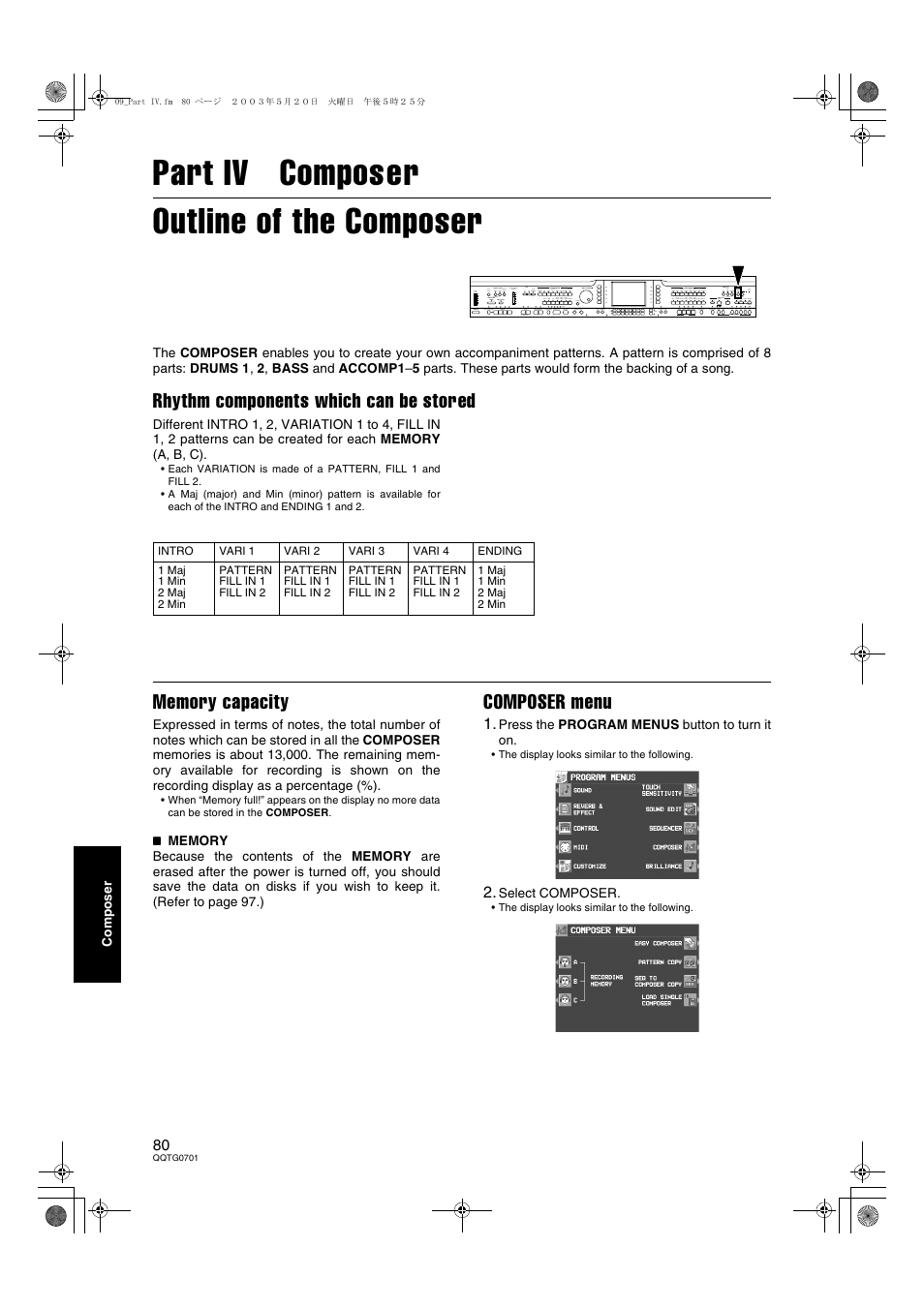 Part iv composer, Part iv composer outline of the composer, Rhythm components which can be stored | Composer menu | Technics SX-PR54/M User Manual | Page 80 / 144