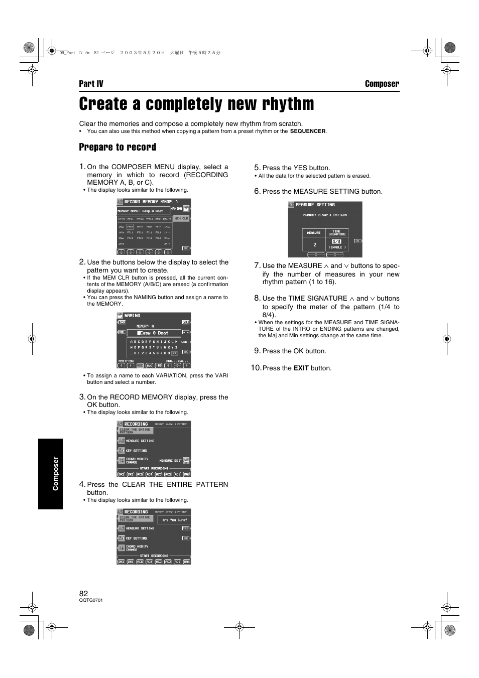 Create a completely new rhythm, Prepare to record, Part iv composer | Technics SX-PR54/M User Manual | Page 82 / 144