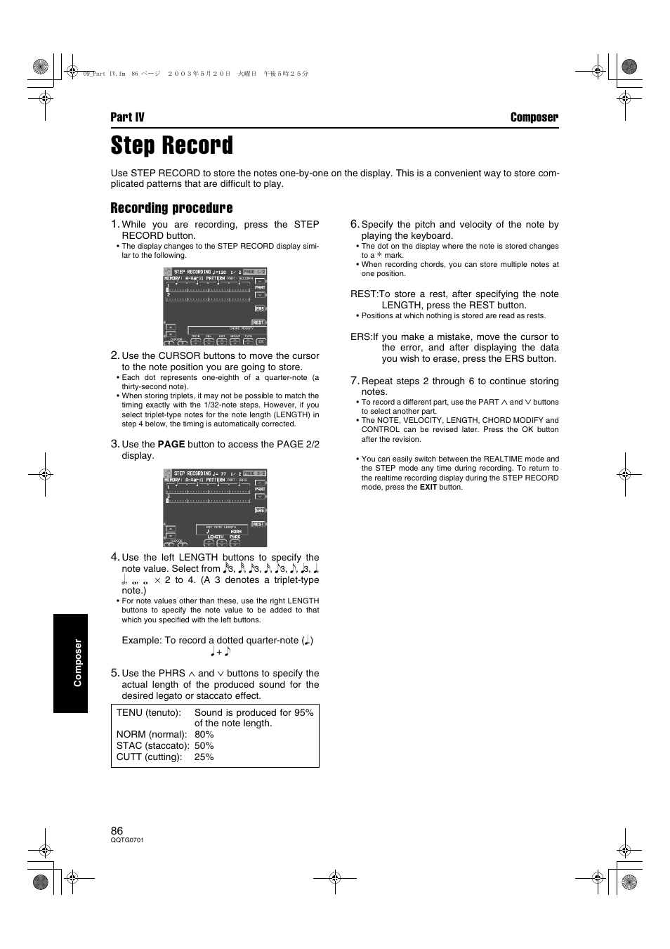 Step record, Recording procedure, Part iv composer | Technics SX-PR54/M User Manual | Page 86 / 144