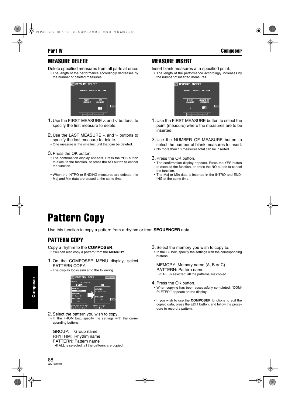 Pattern copy, Measure delete, Measure insert | Part iv composer | Technics SX-PR54/M User Manual | Page 88 / 144