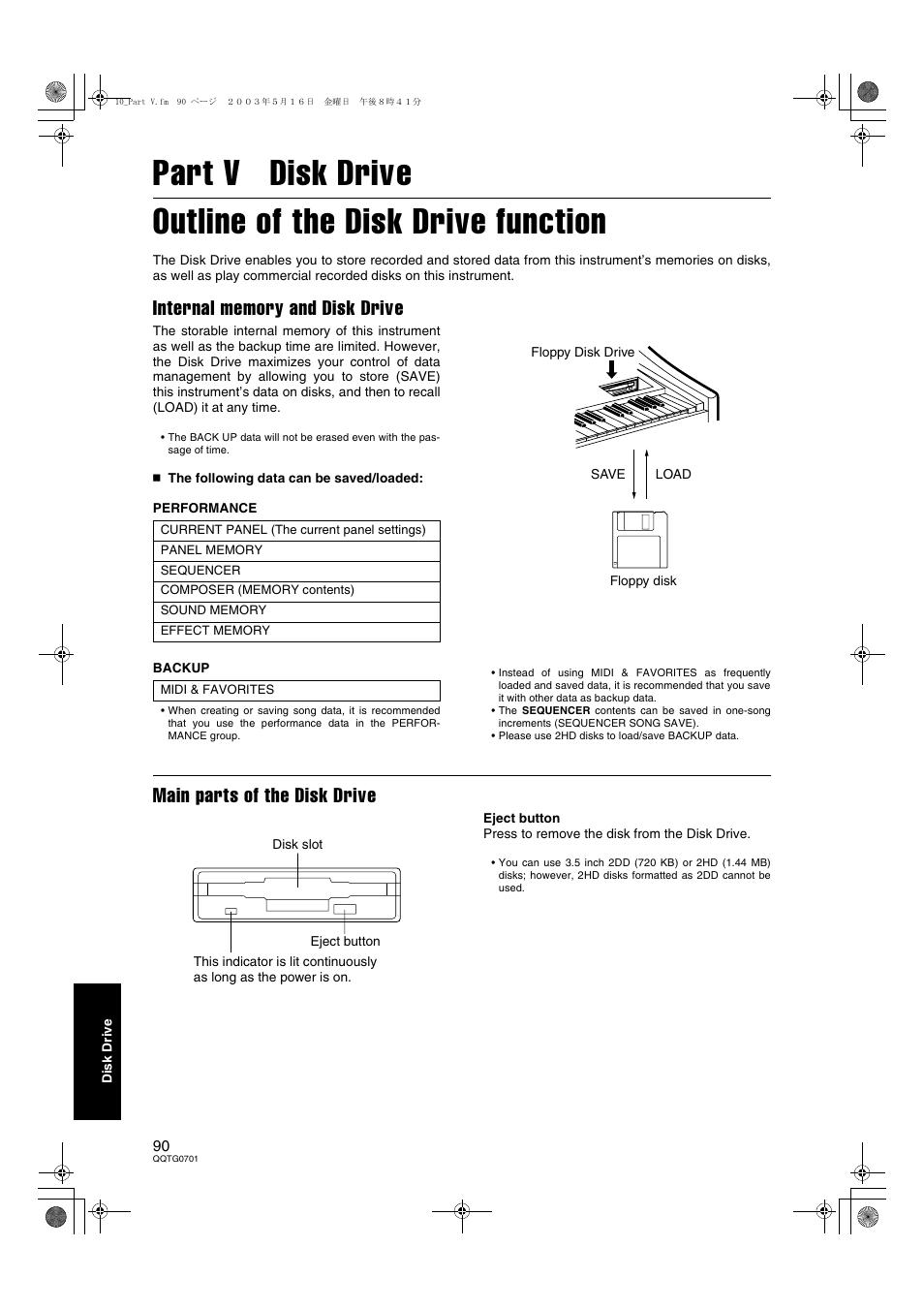 Part v disk drive, Main parts of the disk drive | Technics SX-PR54/M User Manual | Page 90 / 144