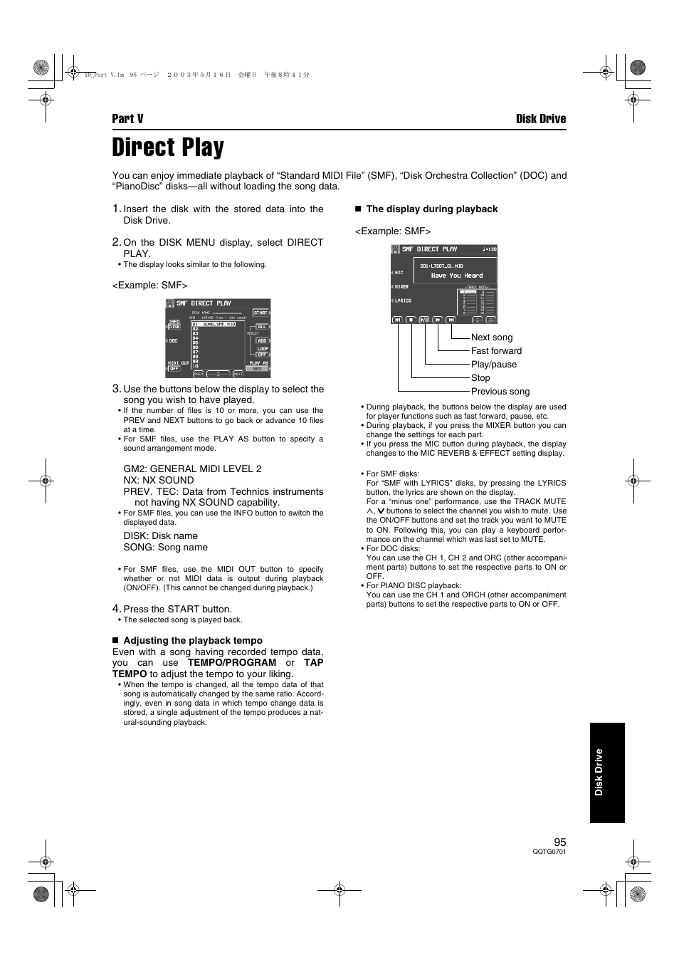 Direct play, Part v disk drive | Technics SX-PR54/M User Manual | Page 95 / 144