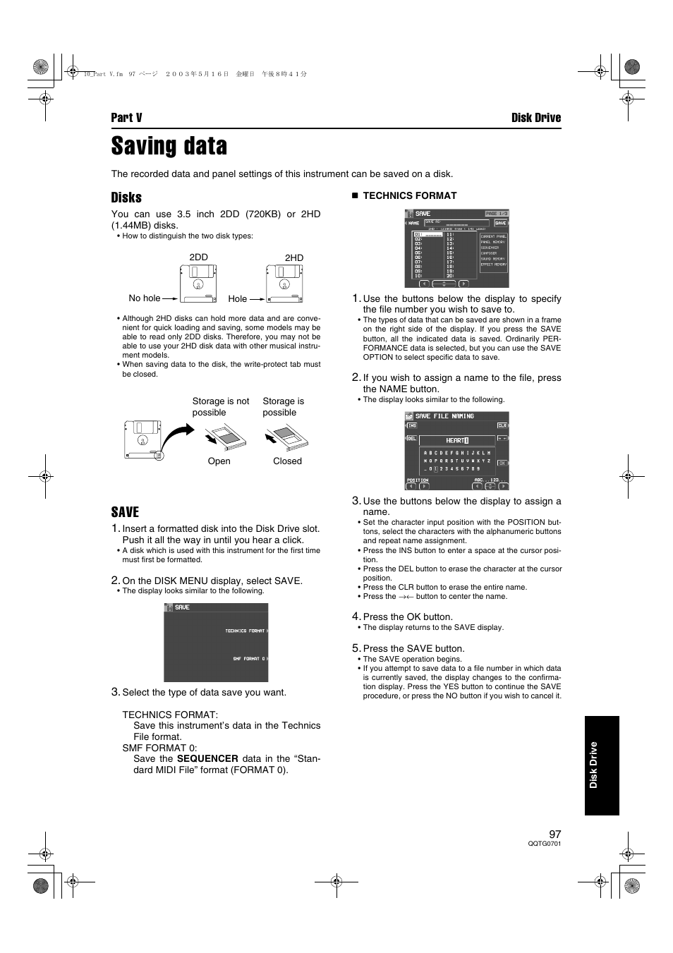 Saving data, Disks, Save | Part v disk drive | Technics SX-PR54/M User Manual | Page 97 / 144