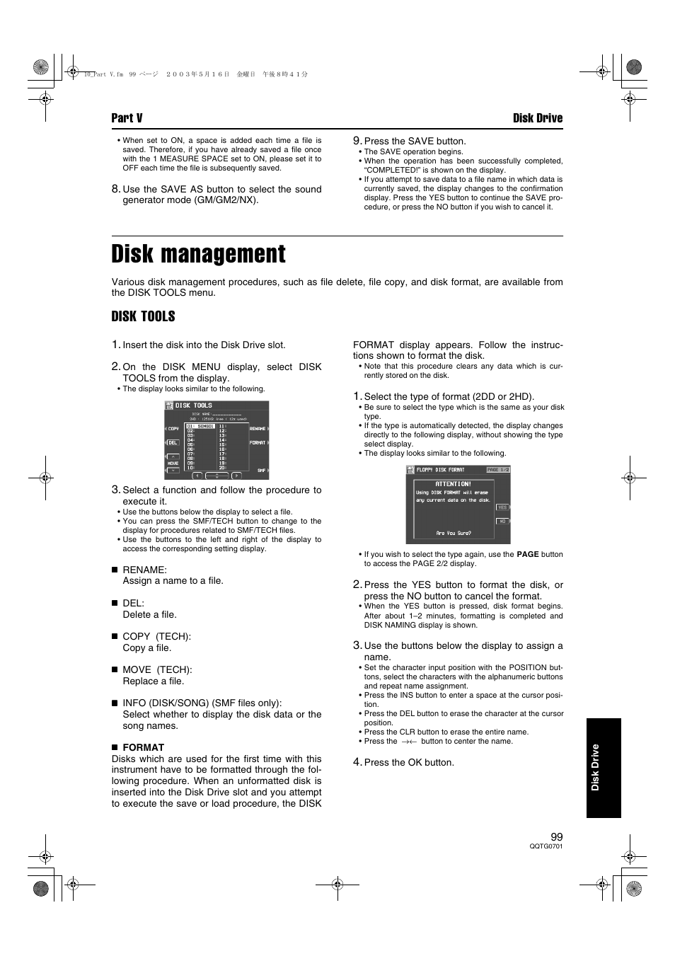 Disk management, Disk tools, Part v disk drive | Technics SX-PR54/M User Manual | Page 99 / 144