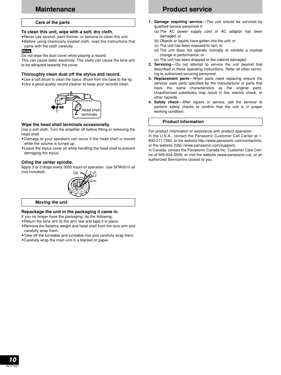 Maintenance, Product service | Technics SL-1210M5G User Manual | Page 10 / 12