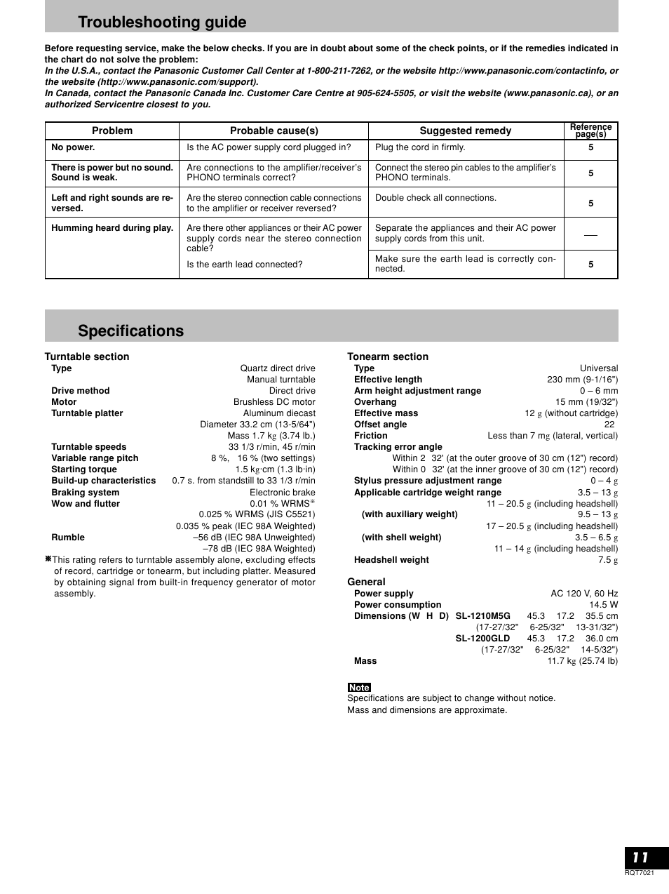 Troubleshooting guide, Specifications | Technics SL-1210M5G User Manual | Page 11 / 12