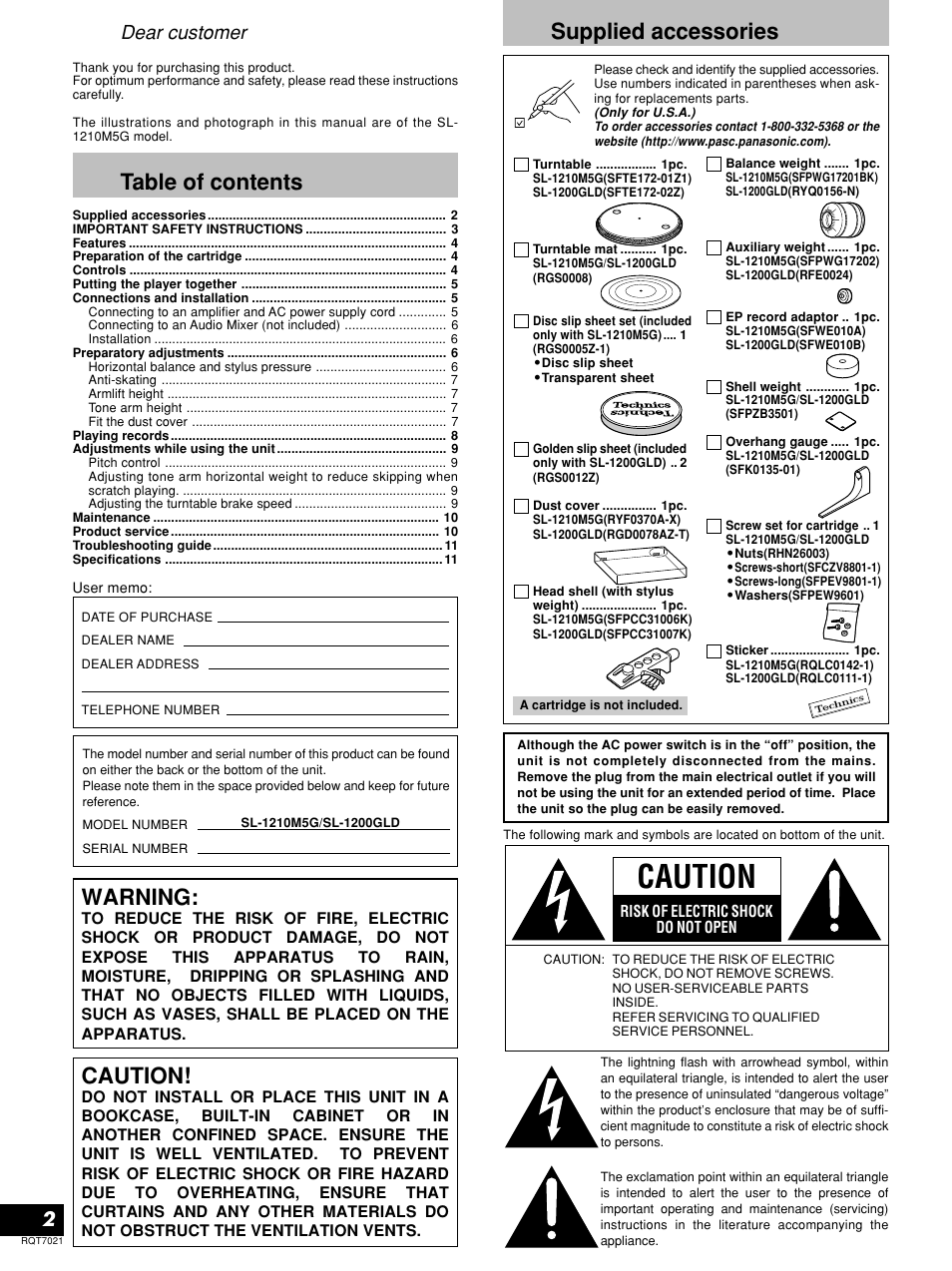 Technics SL-1210M5G User Manual | Page 2 / 12