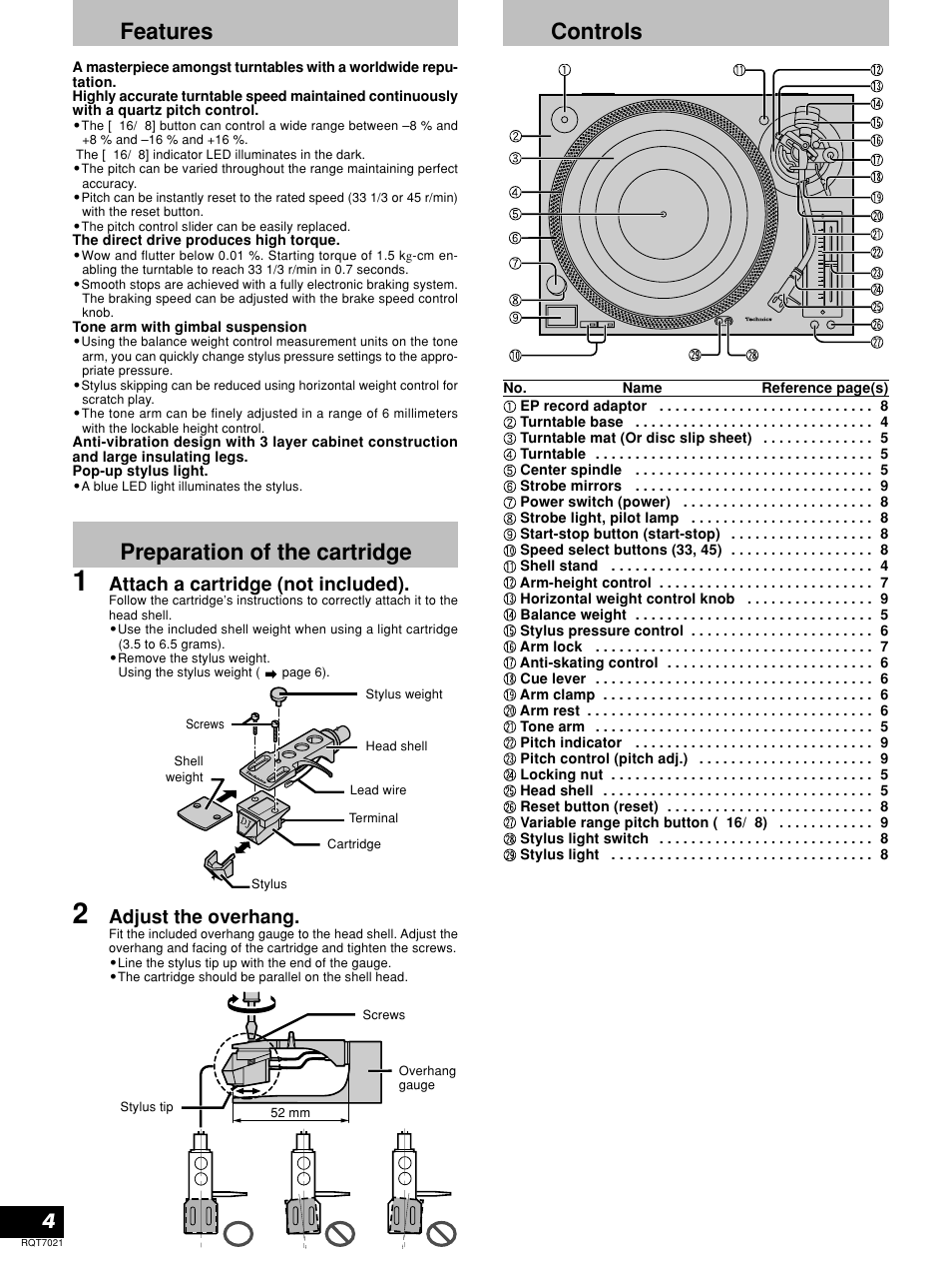 Features, Preparation of the cartridge, Controls | Attach a cartridge (not included), Adjust the overhang | Technics SL-1210M5G User Manual | Page 4 / 12