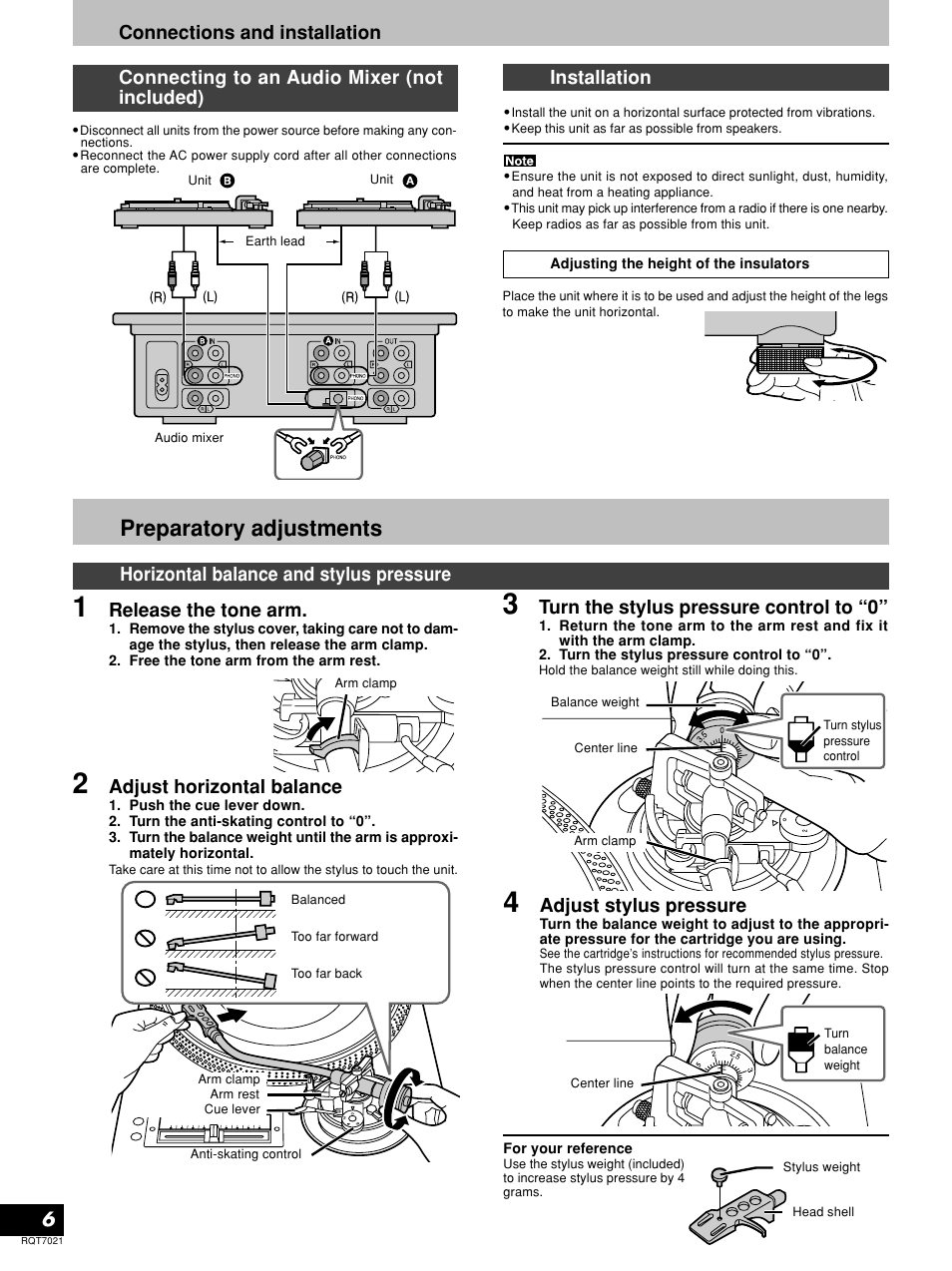 Connecting to an audio mixer (not included), Installation, Preparatory adjustments | Horizontal balance and stylus pressure, Release the tone arm, Adjust horizontal balance, Turn the stylus pressure control to “0, Adjust stylus pressure | Technics SL-1210M5G User Manual | Page 6 / 12