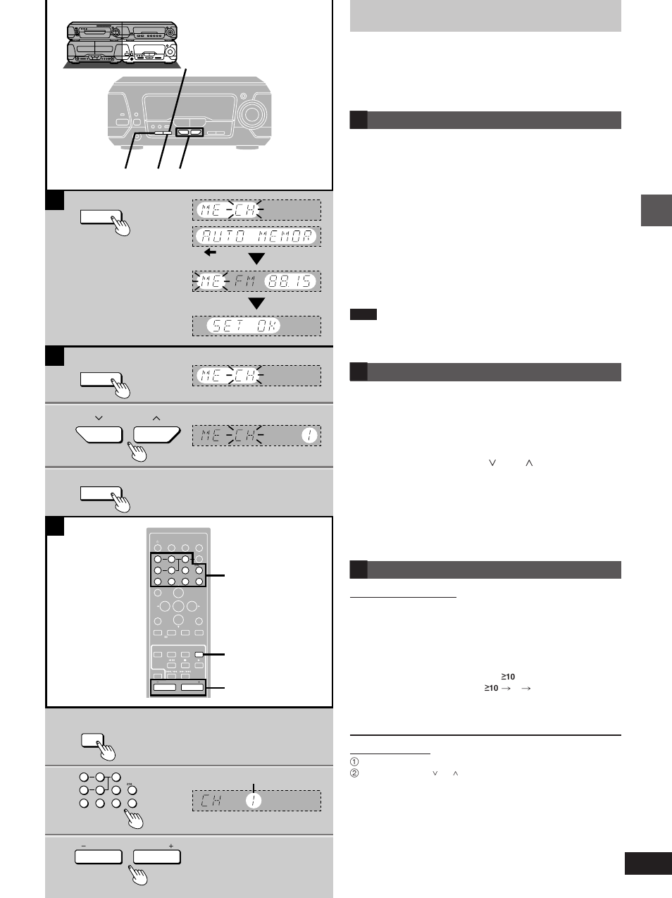 The radio: preset tuning, Automatic presetting, Hold down [set | Manual presetting, Tune to the required station, Press [set, Press [tuning ( x or w )] to select a channel, Selecting channels, Press [tuner/band, Press the numbered buttons to select the channel | Technics SC-EH760 User Manual | Page 17 / 44