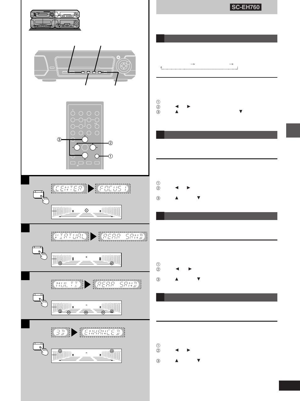 Surround effects, Center focus [sc-eh760, Virtual rear surround [sc-eh760 | Multi rear surround [sc-eh760, 3d enhanced surround [sc-eh760, Surround effects [sc-eh760, Center focus press [center focus, Virtual rear surround press [virtual rear surround, Multi rear surround press [multi rear surround, 3d enhanced surround press [3d enhanced surround | Technics SC-EH760 User Manual | Page 27 / 44