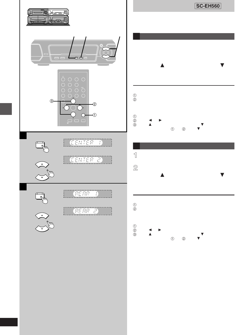Center effect [sc-eh560, Surround effect [sc-eh560, Surround effects [sc-eh560 | Center effect, Press [center effect, Surround effect, Press [surround effect | Technics SC-EH760 User Manual | Page 28 / 44