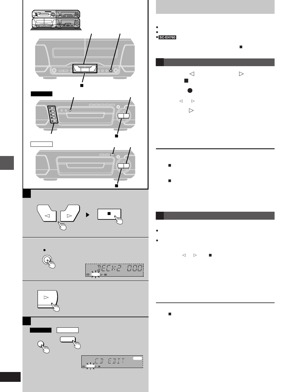 Recording cds, Normal recording, Press | Then [ º ] to set the tape direction, Press [ ´ rec pause, Press [ ! ] on the cd changer or cd player, One touch cd editing, Press [edit | Technics SC-EH760 User Manual | Page 32 / 44