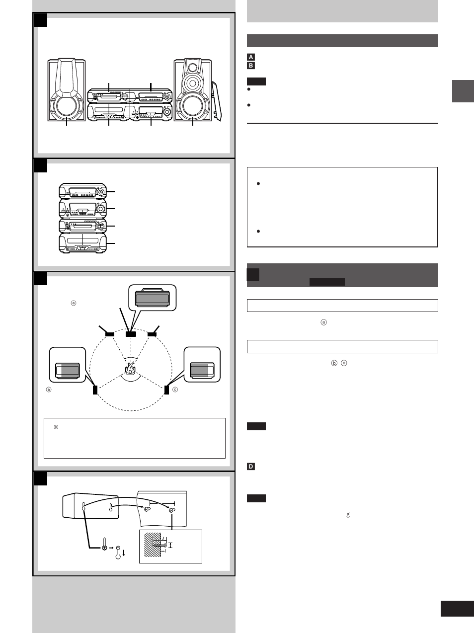 Installation, Bc d, Locating the components | Placement of center/surround speakers | Technics SC-EH760 User Manual | Page 5 / 44