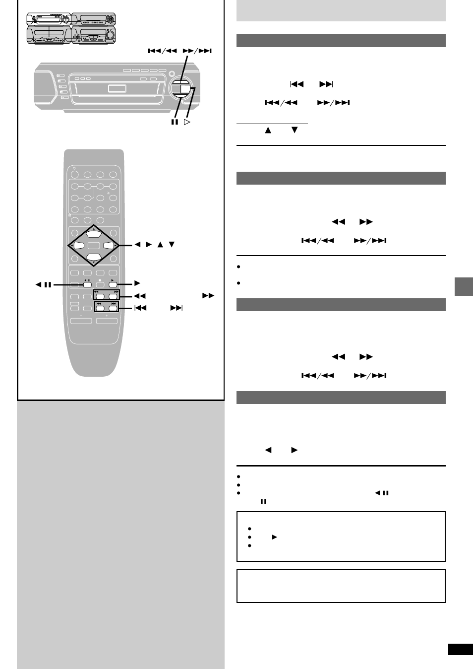 Basic operations, Discs skip function, Press [skip (  or  ) | Press [  ] or, Press [  ] or [  ] for group skip, Search function, Press [slow/search (  or  ), Press and hold [  ] or, Slow-motion play, Press [  ] or | Technics SC-DV290 User Manual | Page 15 / 52