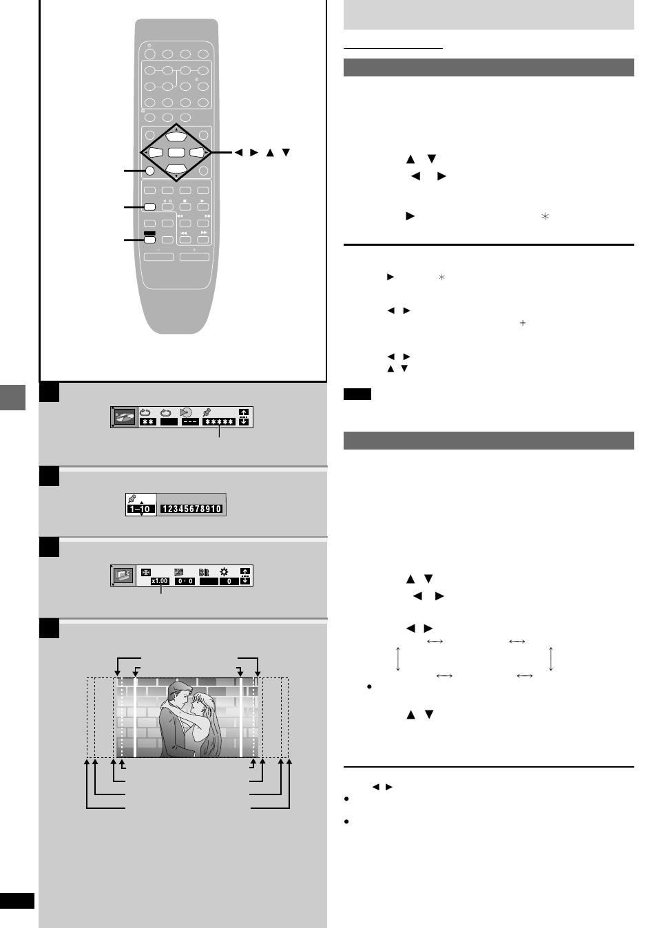 Bc d a, Basic operations discs, Marking places to play again | Press [  ,  ] to select the play menu. [a, Press [  ] to select an asterisk ( _ ), Press [enter] at the point you want to mark, Variable zoom funcion, Press [  ,  ] to select the display menu. [c, Press [  ,  ] to select “zoom” and press [enter, Press [  ,  ] to select the aspect ratio | Technics SC-DV290 User Manual | Page 18 / 52