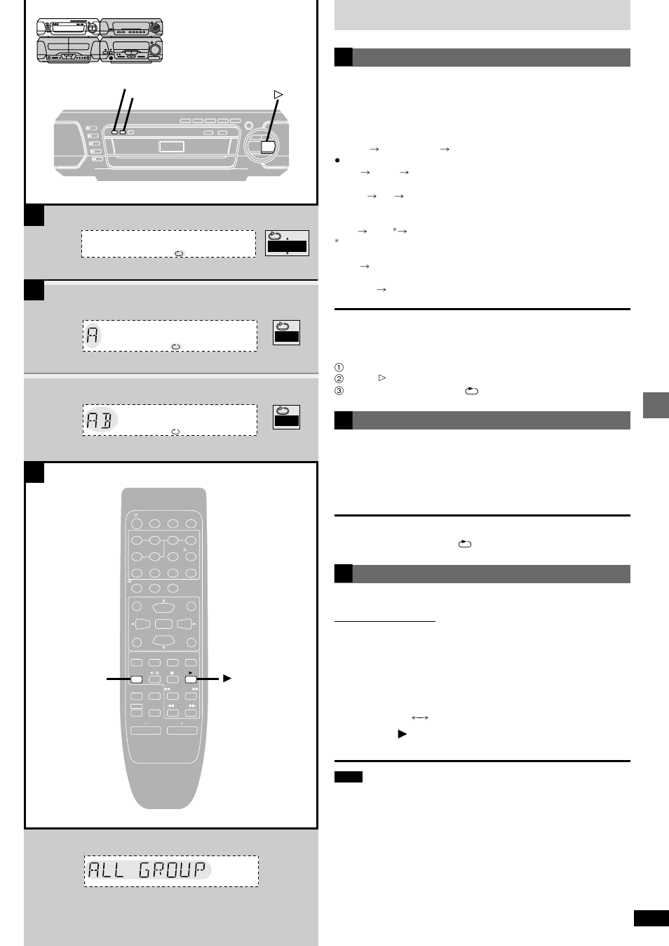 Basic operations discs, Repeat play, Press [repeat | A-b repeat play, Press [a-b repeat] at the starting point (a), Press [a-b repeat] at the finishing point (b), All group play, Press [  ] (play) | Technics SC-DV290 User Manual | Page 19 / 52