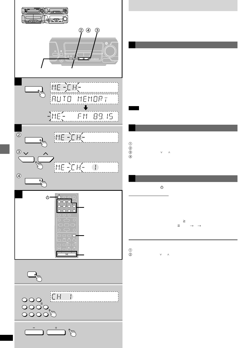 The radio: preset tuning, Basic operations, Automatic presetting | Hold down [set, Manual presetting, Selecting channels, Press [tuner/band, Press the numbered buttons to select the channel, Adjust the volume | Technics SC-DV290 User Manual | Page 28 / 52
