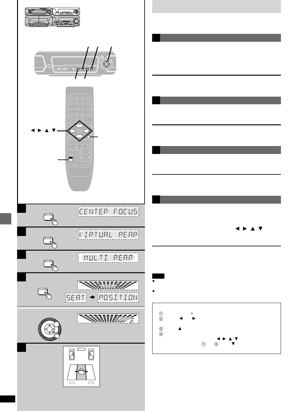 Ab c e d, Surround effects, Changing sound field and quality | Center focus, Press [center focus, Virtual rear surround press [virtual rear surround, Multi rear surround press [multi rear surround, Seat position, Press [seat position, Adjust the seat position with [ 2 , 1 , 3 , 4 | Technics SC-DV290 User Manual | Page 34 / 52