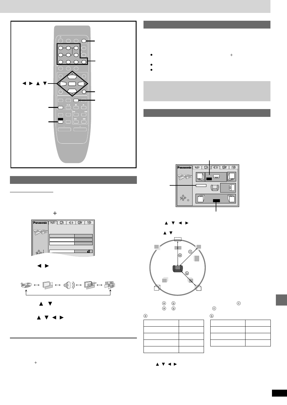 Press [shift] t [setup] to show the menus, Press [  ,  ] to select the menu’s tab, Entering a password (ratings) | Changing the delay time (speaker setting) | Technics SC-DV290 User Manual | Page 47 / 52