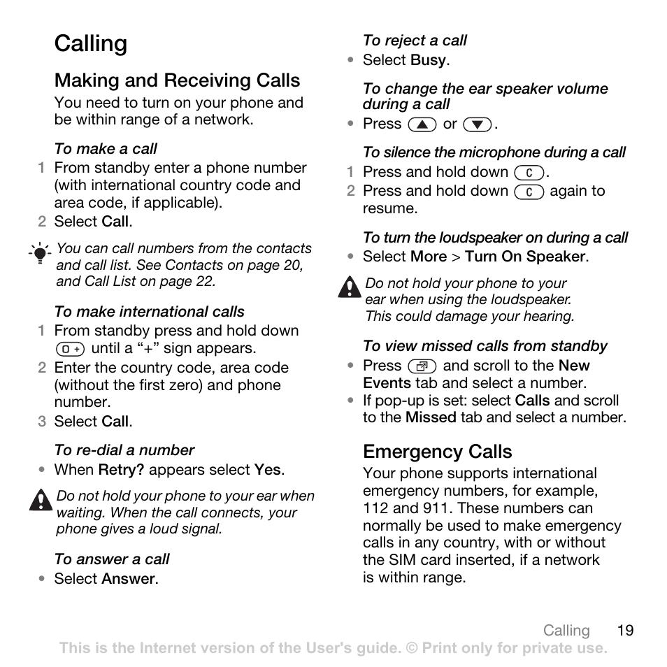 Calling, Making and receiving calls, Emergency calls | Making and receiving calls emergency calls | Tannoy Z555A User Manual | Page 21 / 78
