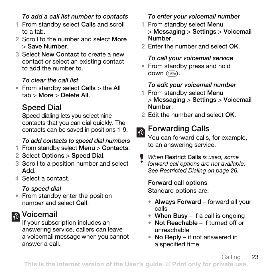 Speed dial, Voicemail, Forwarding calls | Voicemail forwarding calls | Tannoy Z555A User Manual | Page 25 / 78